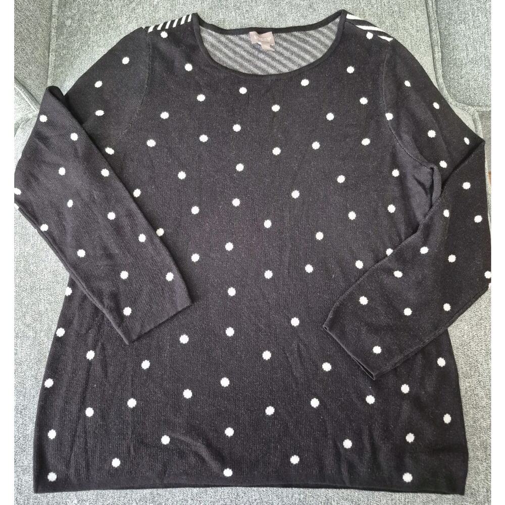 Chicos Size 2 Black/White Long Sleeve Tunic Knit Sweater Stripe & Polka Dot